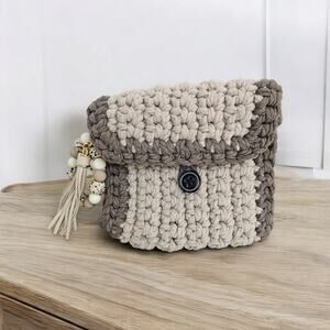 Crocheted Knit Cotton Boho Clutch Bag with Fringed Beaded Keyring Loop